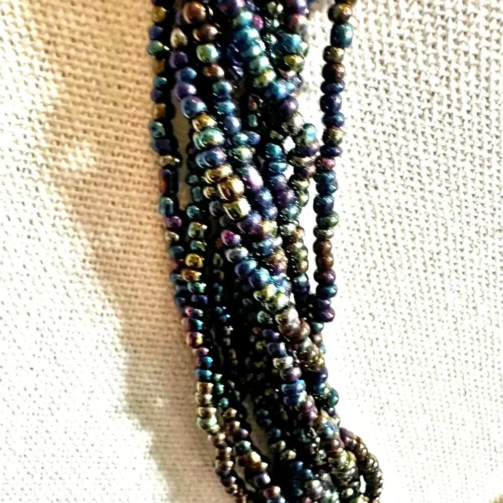 Seed Beaded Statement Necklace Iridescent Chunky Beads Multi Strand Layers